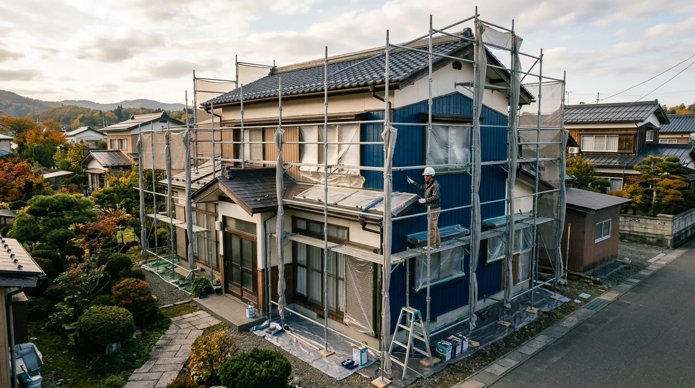 足場を設置した戸建て住宅の外壁施工中の全景