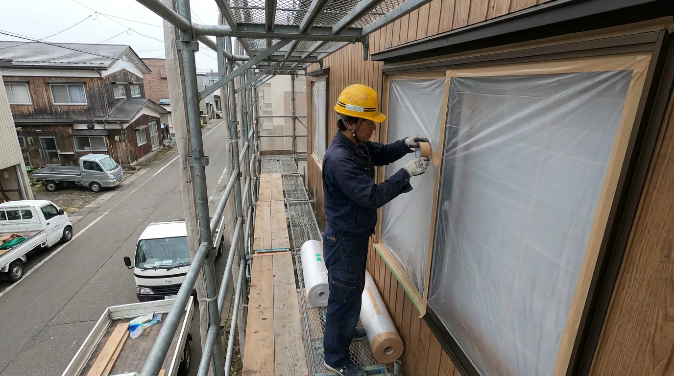住宅の窓まわりを養生シートで保護する足場上の作業