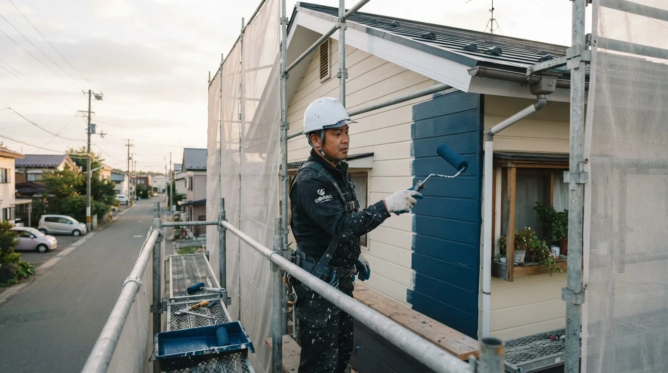 足場を組んだ住宅の外壁を職人がローラーで塗装している様子